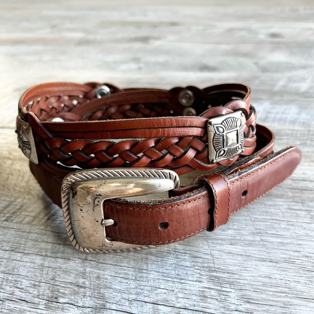 Vintage Fossil Leather Woven Silver & Brown Belt